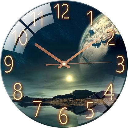 Elios Modern Wall Clock - Tempered Glass, Earth Landscape Design