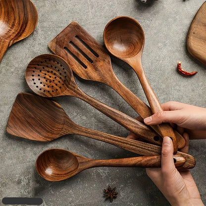 Natural Teak Wood Cooking Utensil Set for Kitchen & Dining | Eco-Friendly Solid Hardwood Spatula Spoon Tool Collection | Heat-Resistant