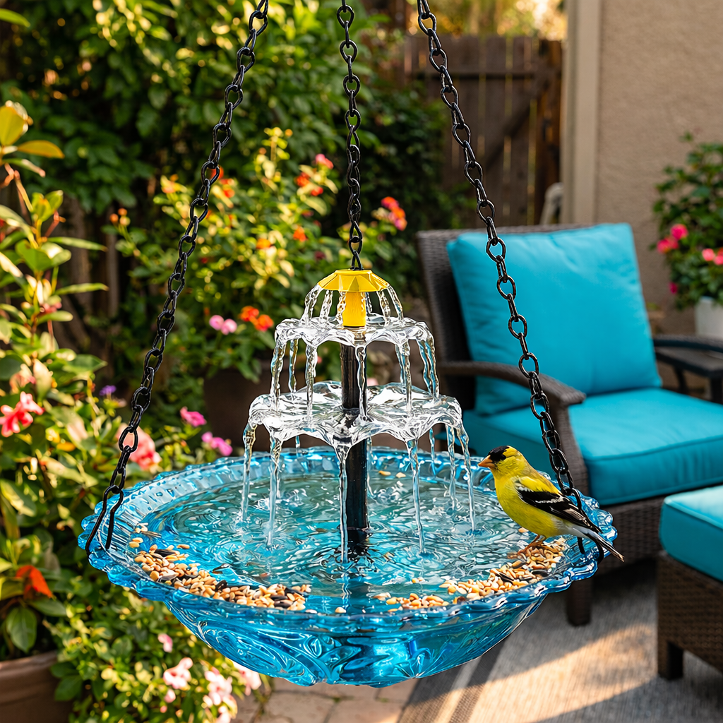 Hanging Solar Bird Bath Fountain Two-Tier Cordless Water Feature for Backyard Patio Deck Garden Outdoor Decor