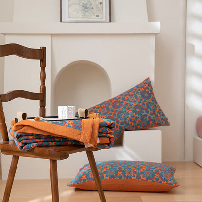 Six-Layer Cotton Quilt Reversible Lightweight Blanket Orange Blue Geometric Pattern for Year-Round Comfort Bedroom Guest Room
