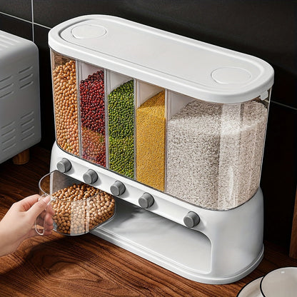 5-Section Dry Food Dispenser with Press Buttons & Sealed Flip Lid for Rice Pasta Beans Cereal Snacks Kitchen Pantry Counter Cabinet