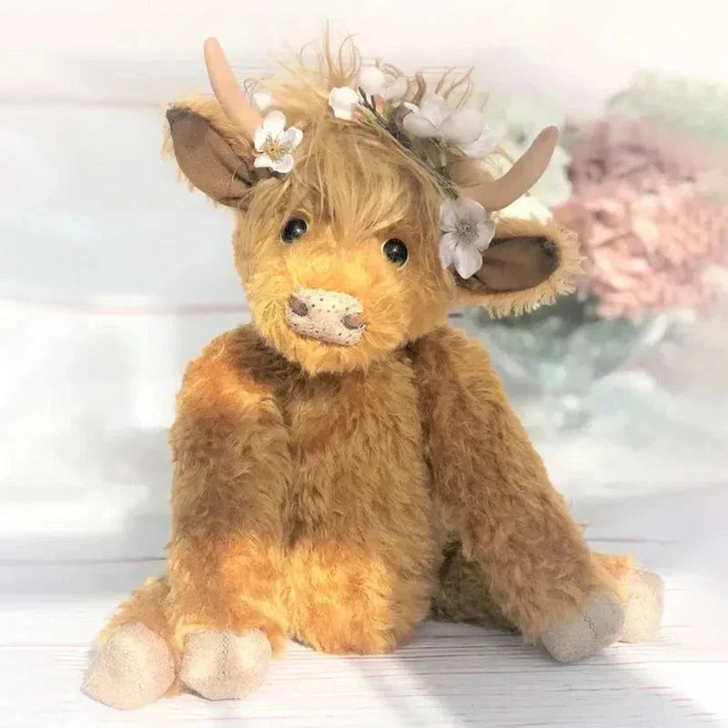 Handcrafted Highland Cow Plush with Floral Crown – Soft Alpaca Fiber Stuffed Animal Décor for Kids & Adults, Poseable Limbs & Head, Glass