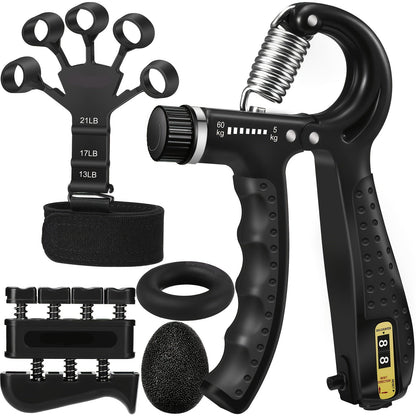Hand Strengthener Grip Trainer Kit with Finger Exerciser, Resistance Ball & Forearm Ring for Rehabilitation & Muscle Building