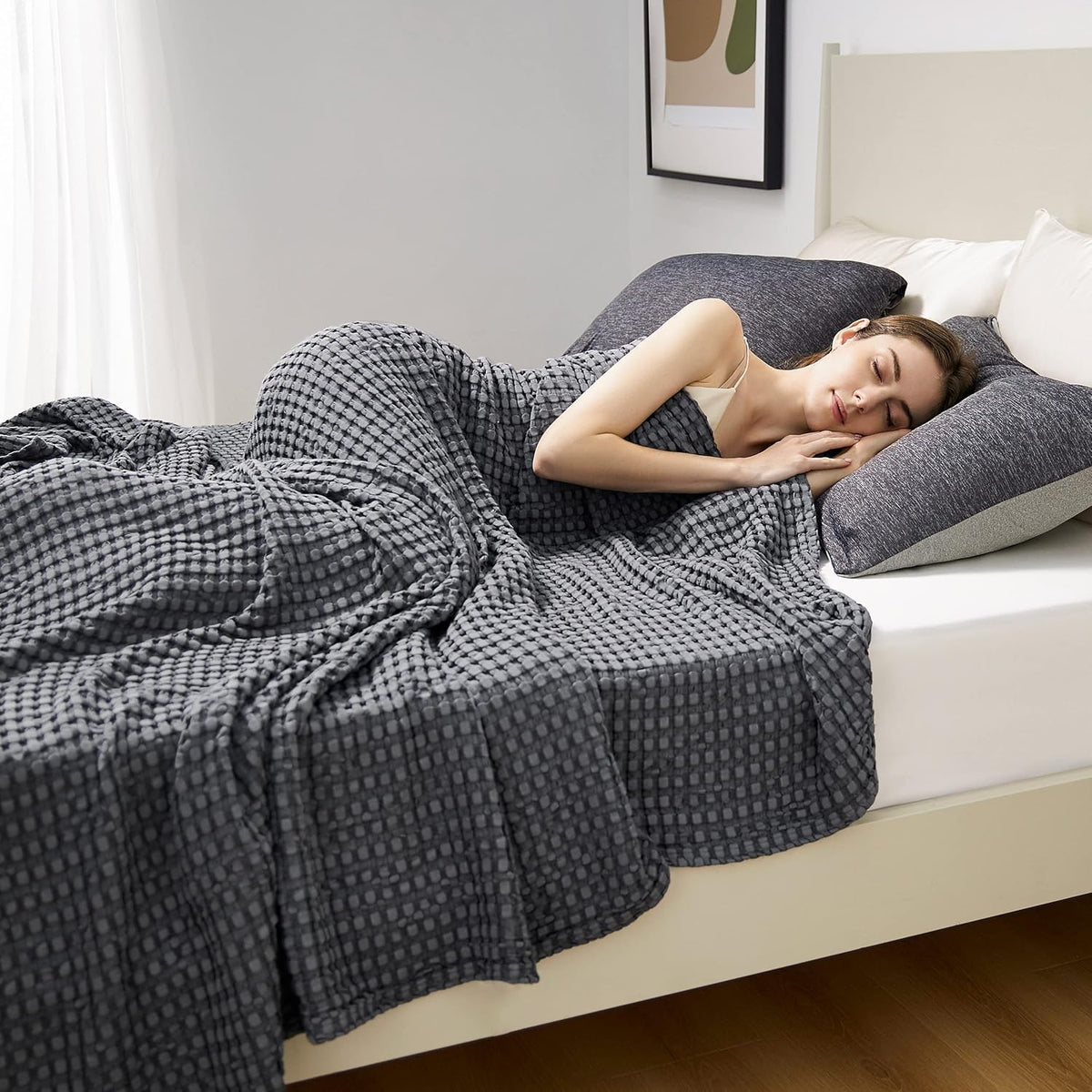 Cozy Haven | Manta de nido de abeja refrescante para cama queen, de algodón y bambú ligero | Manta de verano suave para personas calurosas