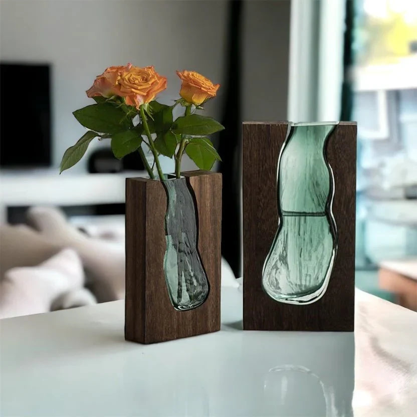 Glass Tube Vase with Natural Wood Base Holder for Fresh Flowers & Dried Stems | Scandinavian Modern Tabletop Centerpiece Decor for Living Ro