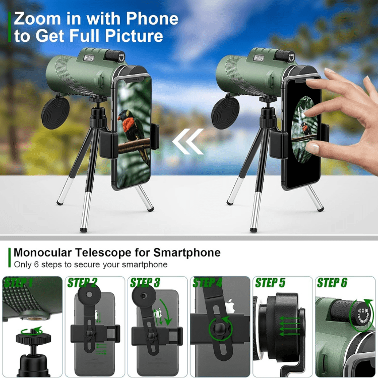 Pocket Monocular Telescope 60x Zoom HD Optics for Wildlife Watching Hiking Concerts Sporting Events Compact Lightweight Phone Camera Adapter