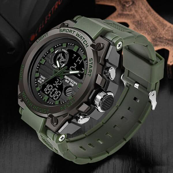Tactical Men's Watch Dual Time Analog Digital Display Stopwatch Alarm LED Backlight Calendar Stainless Steel Case Silicone Band Shock