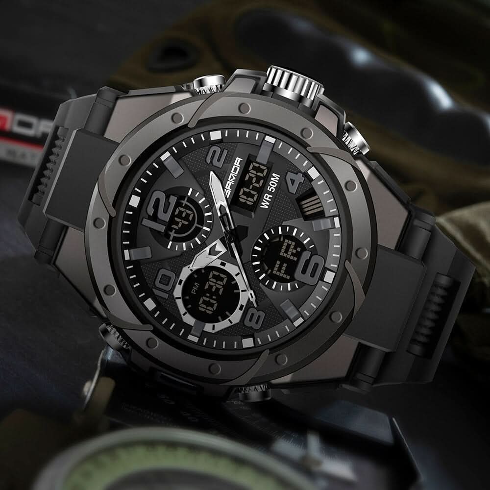 Tactical Sports Watch Dual Time Zone Analog Digital Display with Alarm Stopwatch LED Backlight for Men Outdoor Training Adventure Travel Eve