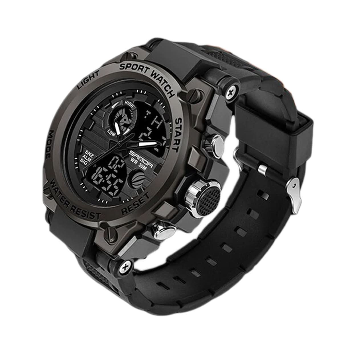 Tactical Men's Watch Dual Time Analog Digital Display Stopwatch Alarm LED Backlight Calendar Stainless Steel Case Silicone Band Shock