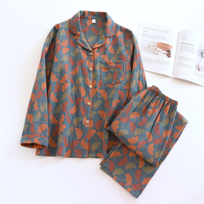 Women's Cotton Pajama Set with Buttons – Ginkgo Leaf Print Sleepwear Top & Pants for Lounging & Sleep