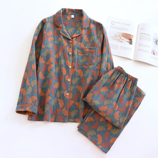 Conjunto de pijama de algodón para mujer con botones: ropa de dormir con estampado de hojas de ginkgo, blusa y pantalón para descansar y dormir