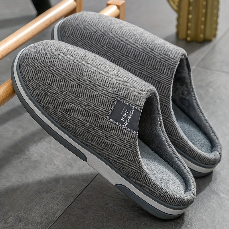 Men's Plush Herringbone Slippers – Warm Indoor House Shoes with Non-Slip Grip for Fall & Winter