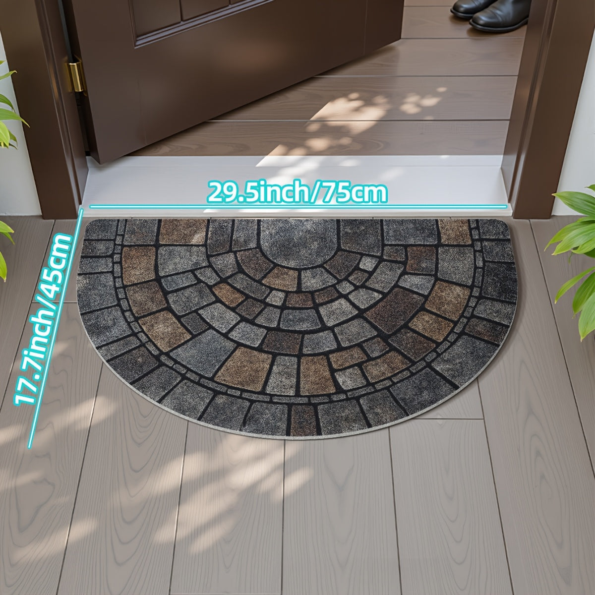 Semicircular Entryway Mat with Cobblestone Pattern for Indoor Outdoor Front Door Patio Garden Non-Slip Polyester Rug