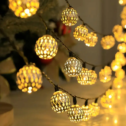 Moroccan Metal Globe String Lights Solar Powered Outdoor Patio Decor 20-30 Warm White LED Orbs Bohemian Weatherproof Garden Balcony