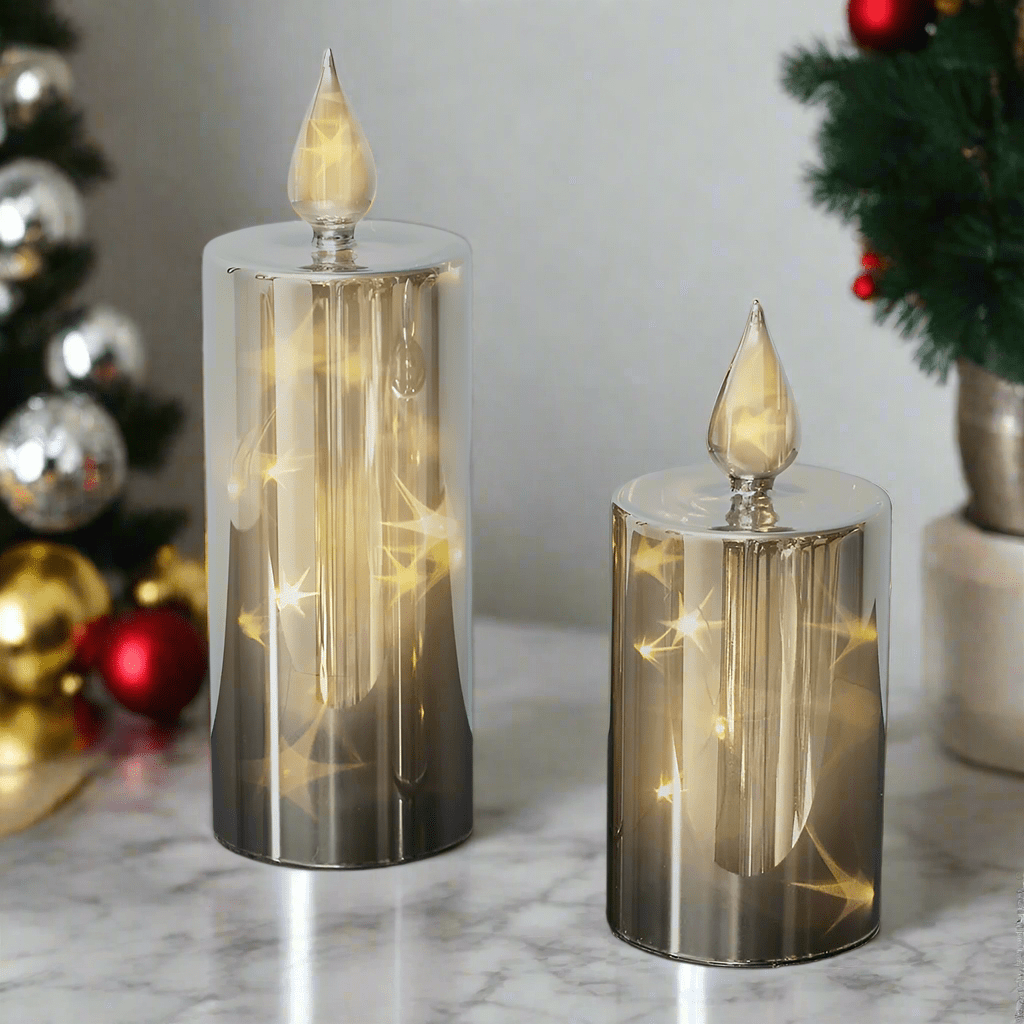Smoky Glass LED Candle Set with Starlight Effect, Battery Operated Flameless Candles with Timer, Decorative Ambient Lighting for Living