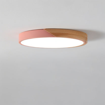 LED Flush Mount Fixture with Wood Accent 16 in Round for Bedroom Office Living Room Contemporary Low Profile Overhead Lamp Natural Finish In