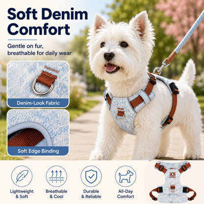 Ortekor Vintage Denim No-Pull Dog Harness &5 ft Rope Leash Set - Soft Adjustable Vest for Everyday Walks, Better Control & Low-Light Visibility