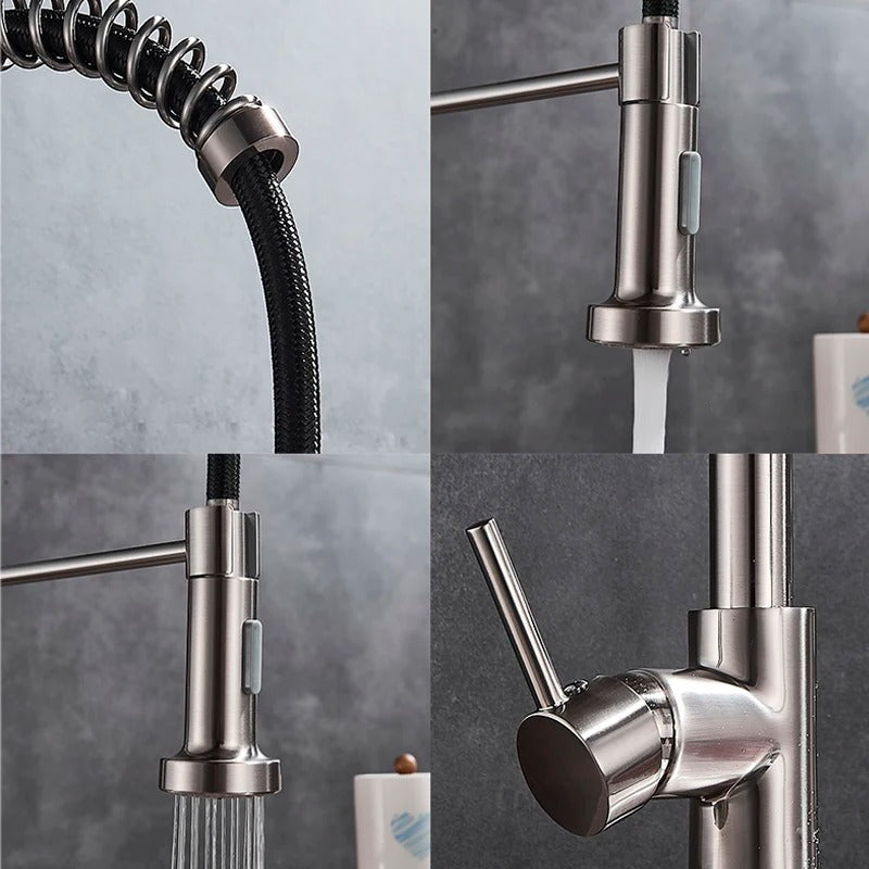 Brass Single-Hole Faucet with Rotating Spout & Detachable Spray Nozzle for Contemporary Kitchens & Dual-Basin Prep Areas