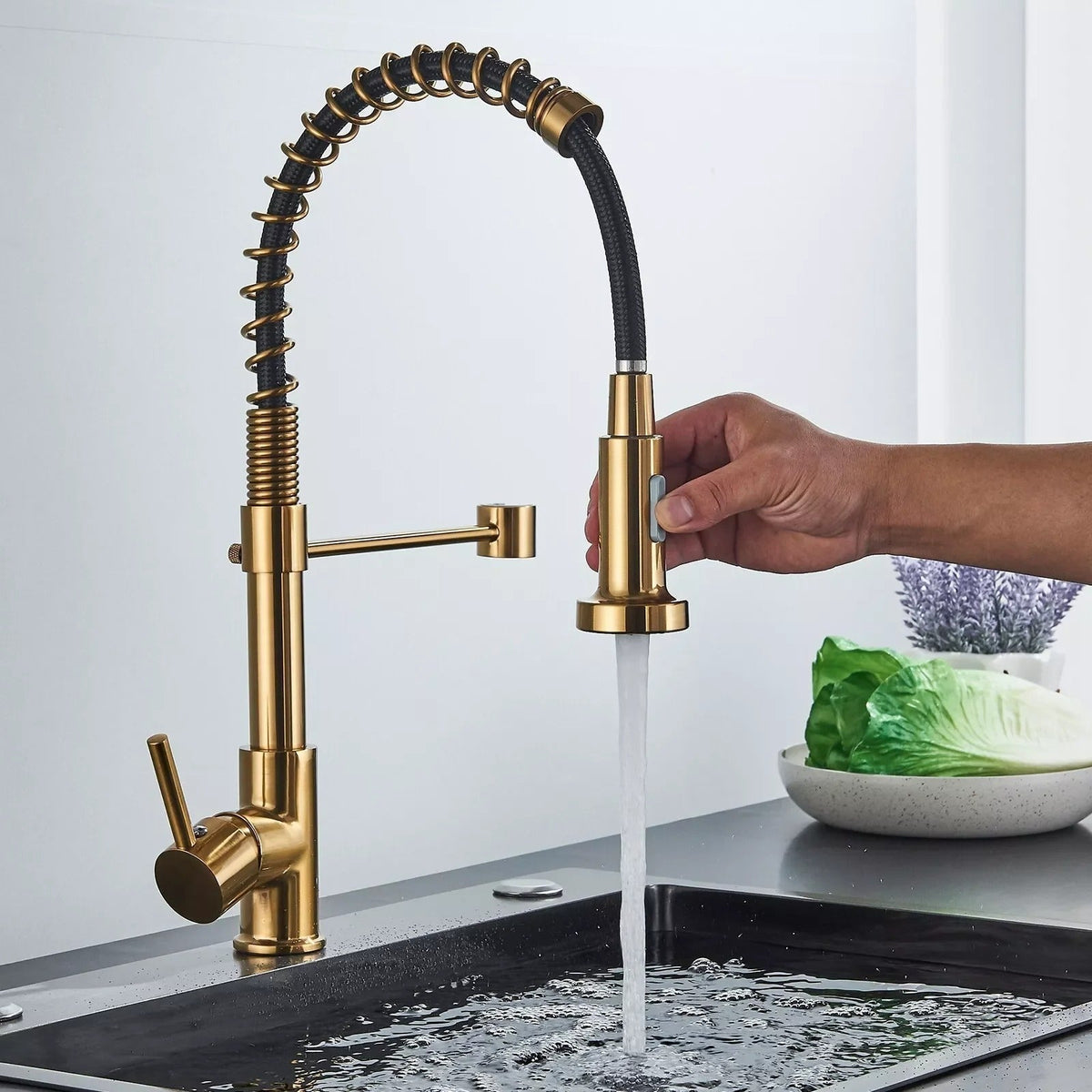 Brass Single-Hole Faucet with Rotating Spout & Detachable Spray Nozzle for Contemporary Kitchens & Dual-Basin Prep Areas