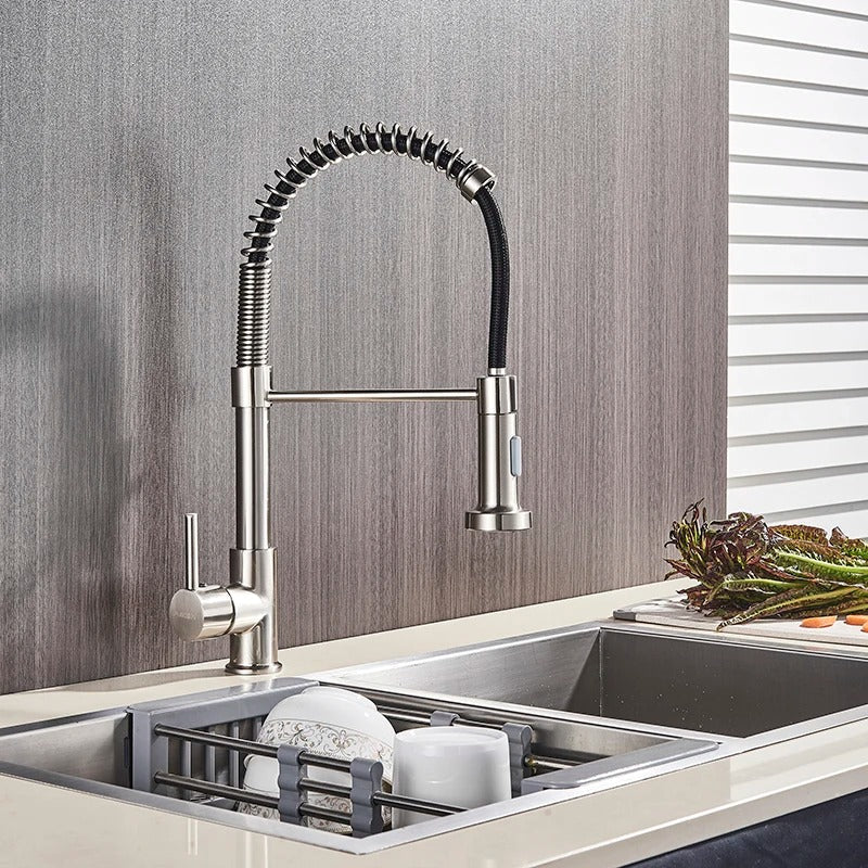Brass Single-Hole Faucet with Rotating Spout & Detachable Spray Nozzle for Contemporary Kitchens & Dual-Basin Prep Areas