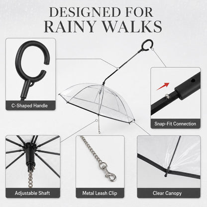 Ortekor Clear Dog Umbrella with Built-In Leash for Rainy Walks & Potty Breaks - Helps Reduce Wet-Coat Cleanup for Small Dogs