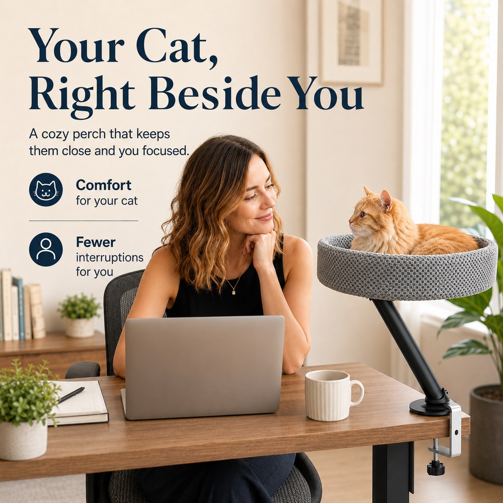 Ortekor Desk Mounted Cat Bed Perch for Home Office - Space Saving Elevated Cat Lounger with Soft Breathable Fabric for Cats to Relax Beside Your Workspace