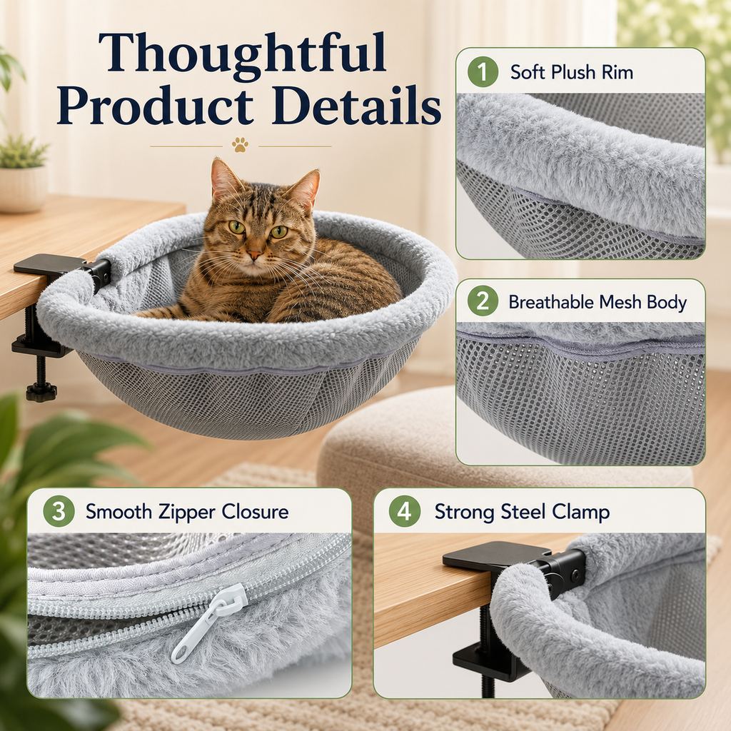 Ortekor Desk-Mounted Cat Bed for Home Offices - Space-Saving Clamp-On Cat Hammock