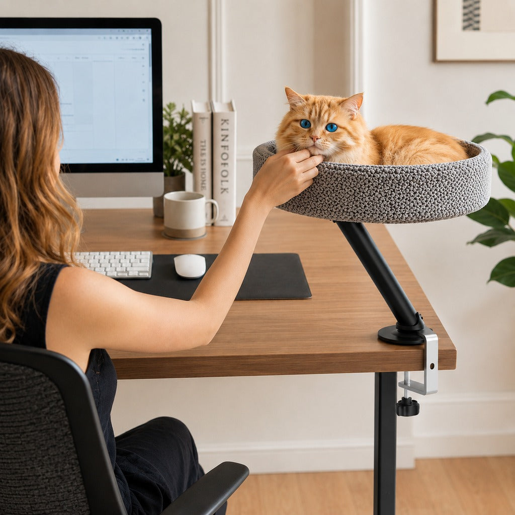 Ortekor Desk Mounted Cat Bed Perch for Home Office - Space Saving Elevated Cat Lounger with Soft Breathable Fabric for Cats to Relax Beside Your Workspace