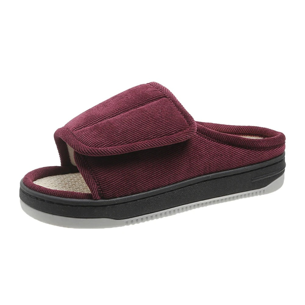 Adjustable Open-Toe Slippers for Swollen Feet with Hook-and-Loop Closure, Extra-Wide Fit, Cushioned Insole, Non-Slip Rubber Sole