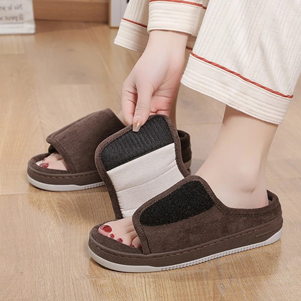 Adjustable Open-Toe Slippers for Swollen Feet with Hook-and-Loop Closure, Extra-Wide Fit, Cushioned Insole, Non-Slip Rubber Sole