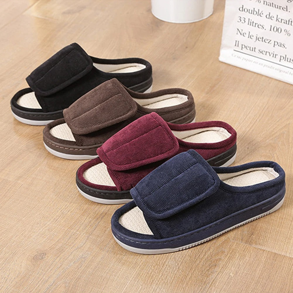 Adjustable Open-Toe Slippers for Swollen Feet with Hook-and-Loop Closure, Extra-Wide Fit, Cushioned Insole, Non-Slip Rubber Sole