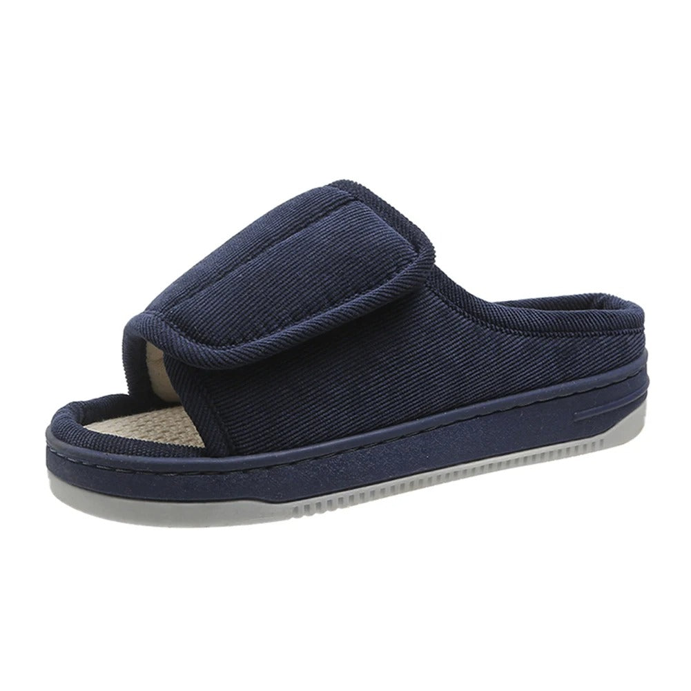Adjustable Open-Toe Slippers for Swollen Feet with Hook-and-Loop Closure, Extra-Wide Fit, Cushioned Insole, Non-Slip Rubber Sole
