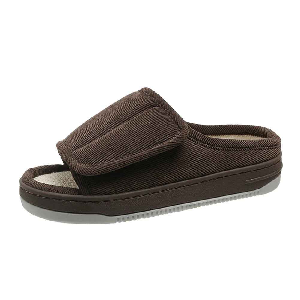 Adjustable Open-Toe Slippers for Swollen Feet with Hook-and-Loop Closure, Extra-Wide Fit, Cushioned Insole, Non-Slip Rubber Sole