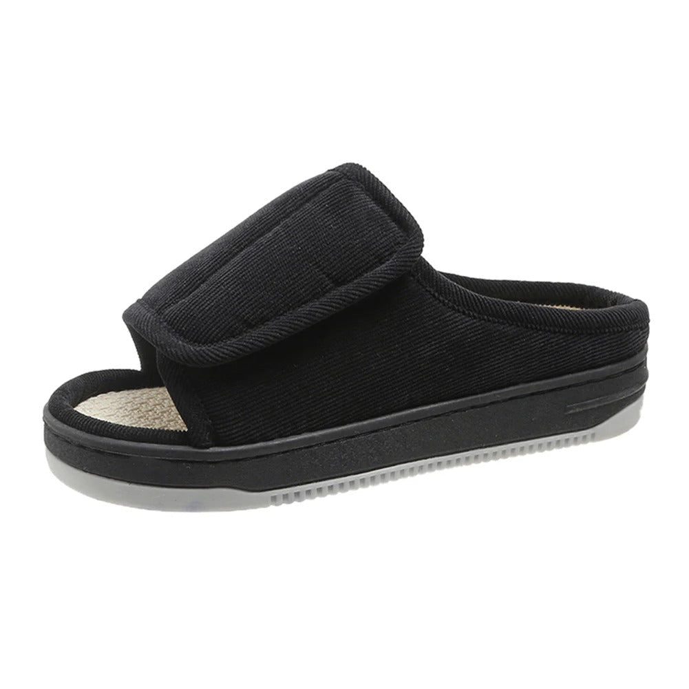 Adjustable Open-Toe Slippers for Swollen Feet with Hook-and-Loop Closure, Extra-Wide Fit, Cushioned Insole, Non-Slip Rubber Sole