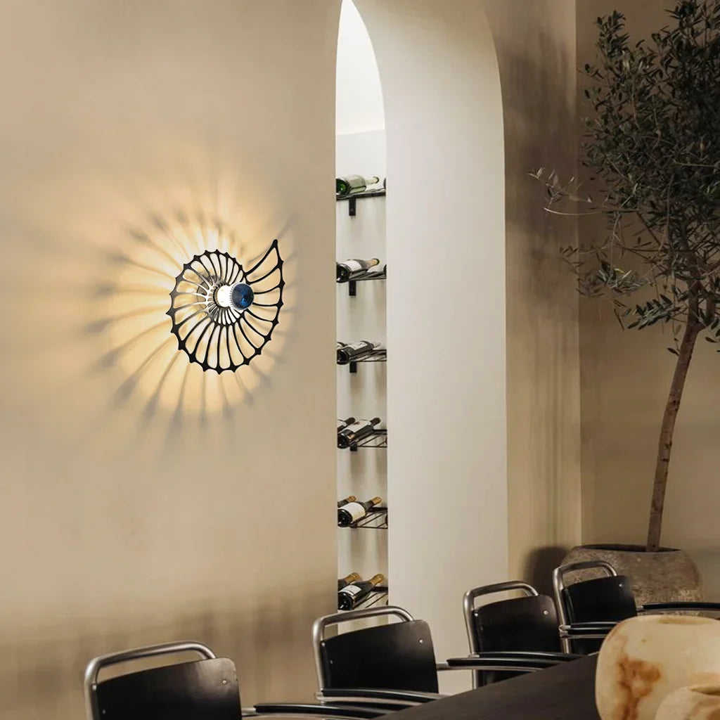 Spiral Shell Accent Sconce with LED – Handcrafted Ceramic & Wood Fixture in Gold or Black for Entryways, Bedrooms & Hallways
