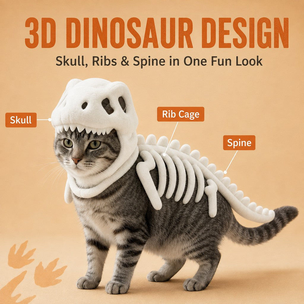 Ortekor Plush Dinosaur Skeleton Pet Costume for Cats & Dogs - Face-Open Halloween Outfit for Parties & Photos