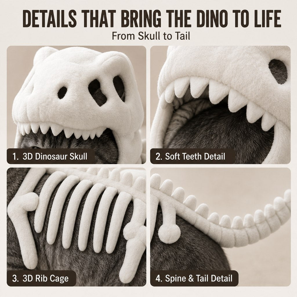 Ortekor Plush Dinosaur Skeleton Pet Costume for Cats & Dogs - Face-Open Halloween Outfit for Parties & Photos
