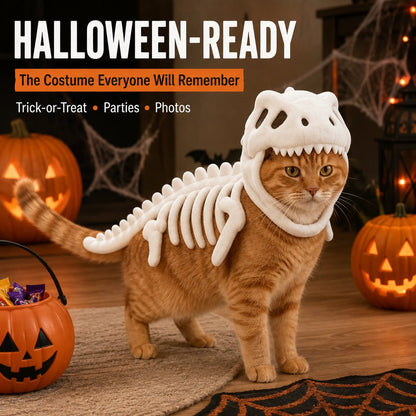 Ortekor Plush Dinosaur Skeleton Pet Costume for Cats & Dogs - Face-Open Halloween Outfit for Parties & Photos