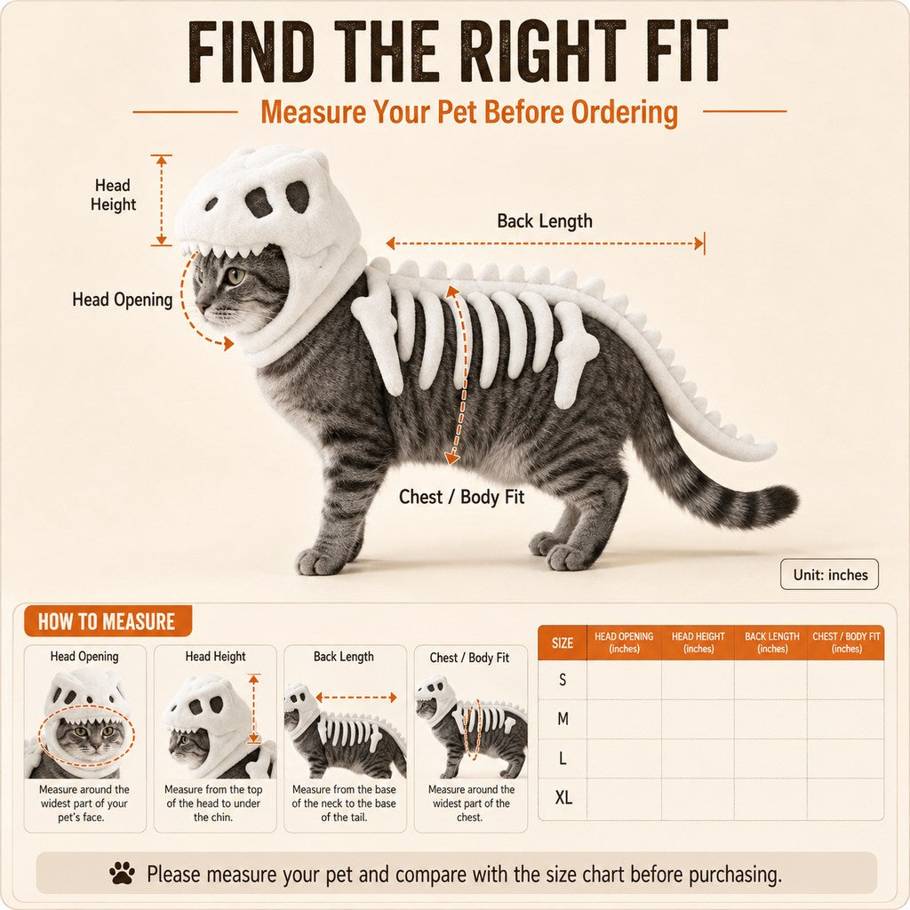 Ortekor Plush Dinosaur Skeleton Pet Costume for Cats & Dogs - Face-Open Halloween Outfit for Parties & Photos