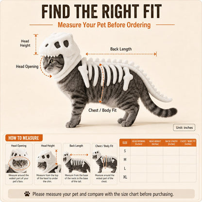 Ortekor Plush Dinosaur Skeleton Pet Costume for Cats & Dogs - Face-Open Halloween Outfit for Parties & Photos