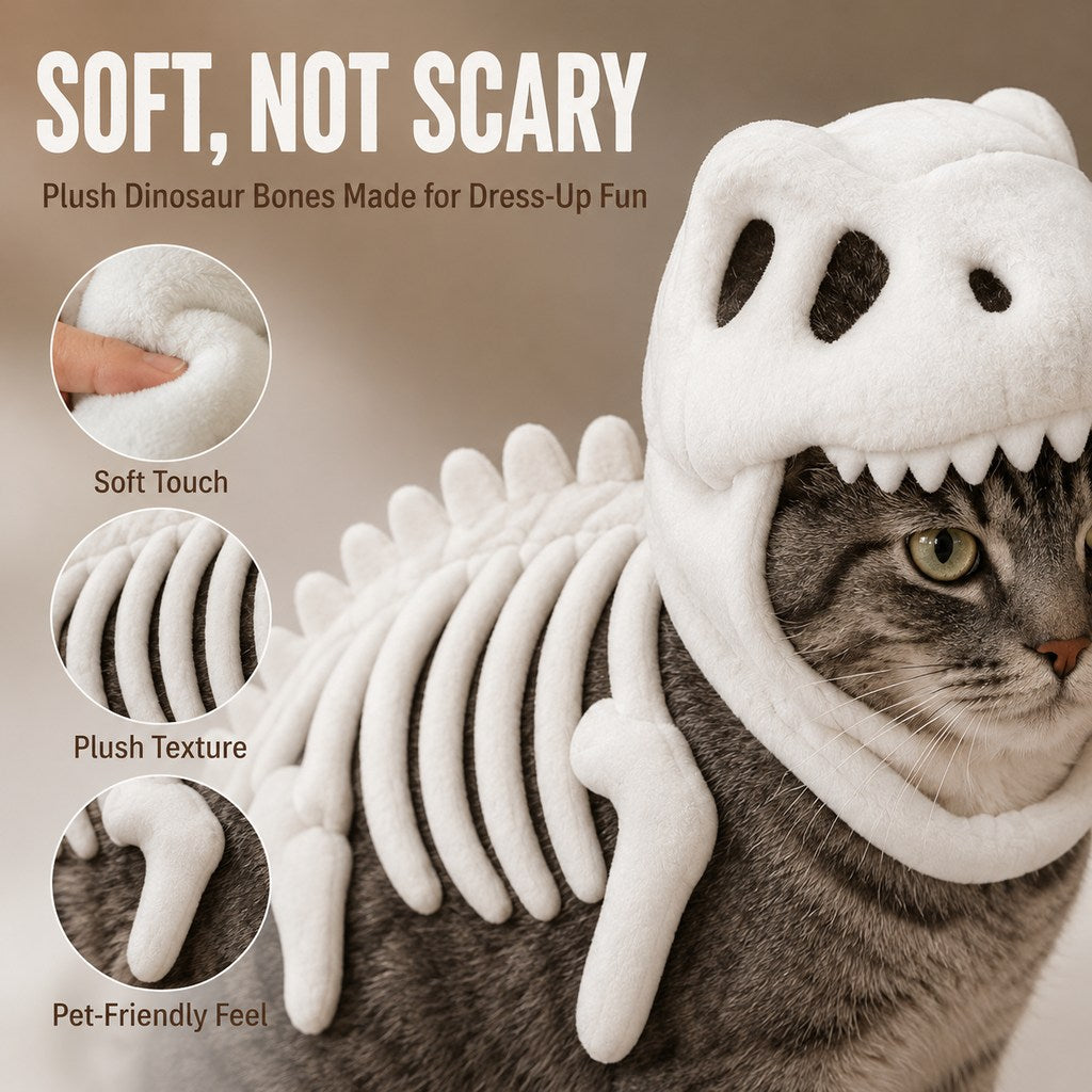 Ortekor Plush Dinosaur Skeleton Pet Costume for Cats & Dogs - Face-Open Halloween Outfit for Parties & Photos