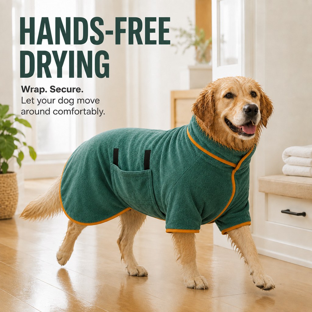 Ortekor Quick-Dry Microfiber Dog Bathrobe – Absorbent Drying Coat for Baths, Rain & Swimming to Help Reduce Wet-Dog Mess