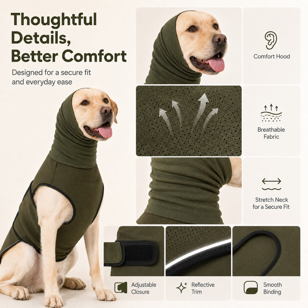 Ortekor Dog Calming Shirt for Fireworks & Thunderstorms - Anxiety Relief Wrap with Ear-Covering Hood for Vet Visits, Travel & Night Walks