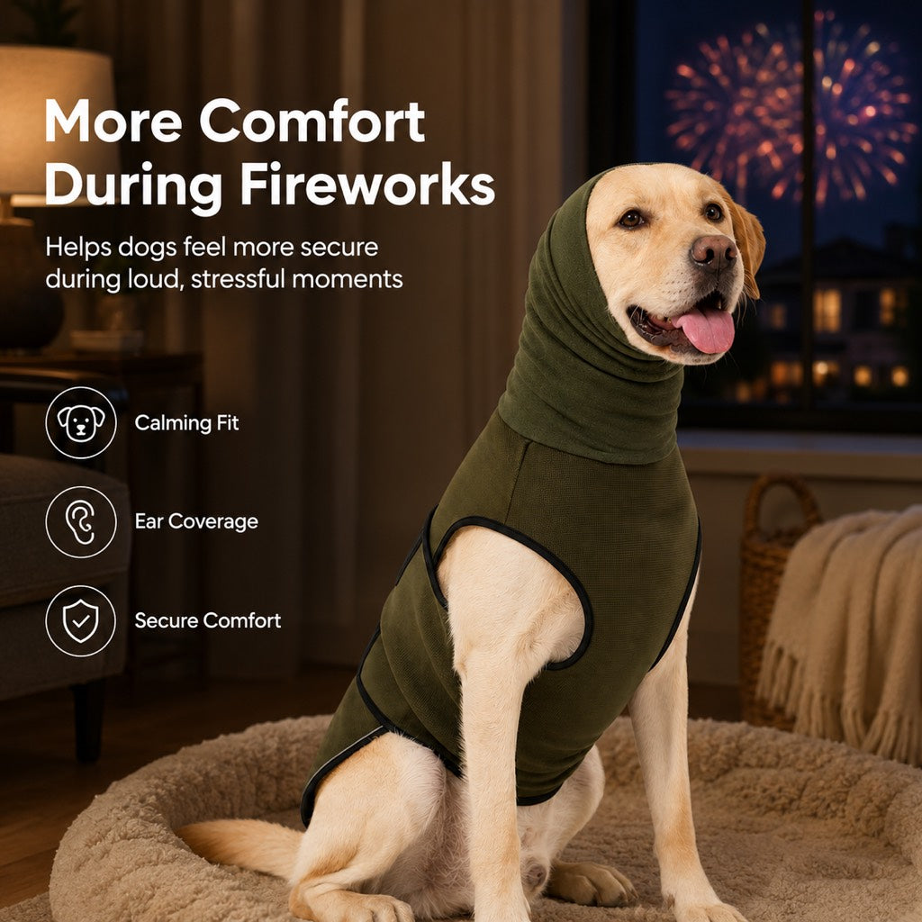 Ortekor Dog Calming Shirt for Fireworks & Thunderstorms - Anxiety Relief Wrap with Ear-Covering Hood for Vet Visits, Travel & Night Walks