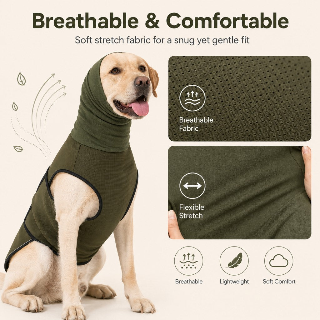 Ortekor Dog Calming Shirt for Fireworks & Thunderstorms - Anxiety Relief Wrap with Ear-Covering Hood for Vet Visits, Travel & Night Walks