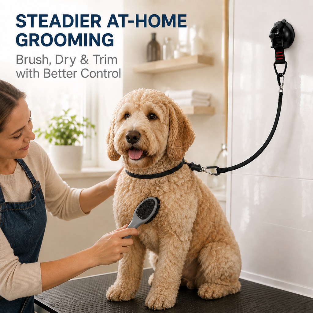 Ortekor Hands-Free Dog Bathing & Grooming Suction Cup Tether - Less Chasing, Easier At-Home Grooming