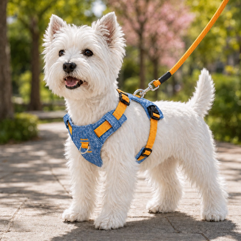 Ortekor Vintage Denim No-Pull Dog Harness &5 ft Rope Leash Set - Soft Adjustable Vest for Everyday Walks, Better Control & Low-Light Visibility