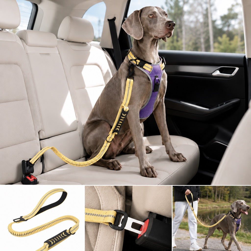 Ortekor Reflective Dog Car Seat Belt Leash for Backseat Travel & Daily Walks - Shock-Absorbing Bungee Tether to Help Reduce Pulling & Driver Distraction