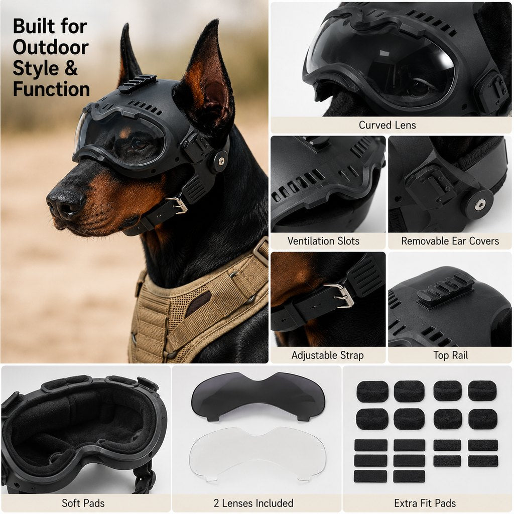 Ortekor K9 Tactical-Style Dog Helmet with Goggles for Hiking & Outdoor Training - Helps Shield Eyes from Wind, Dust & Trail Debris