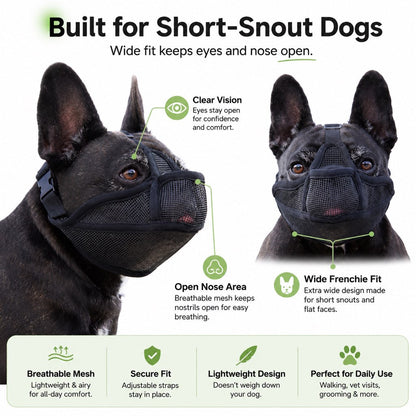 Ortekor French Bulldog Breathable Mesh Muzzle for Walks, Grooming & Scavenging Control - Drink-Friendly Short-Snout Dog Muzzle
